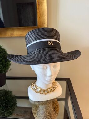 Black Wide-Brim Straw Sun Hat with White Trim and Gold 'M' Accent